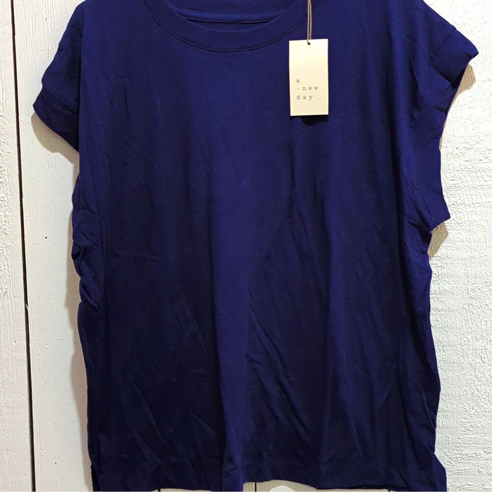 A New Day Womens Blue Solid Crew Neck Short Sleeve T-Shirt Size L